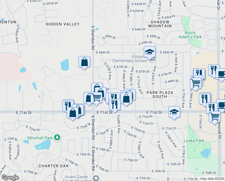 map of restaurants, bars, coffee shops, grocery stores, and more near 6929 South 67th East Avenue in Tulsa