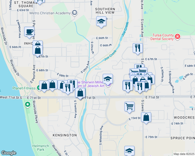map of restaurants, bars, coffee shops, grocery stores, and more near 6901-7029 S Utica Ave in Tulsa
