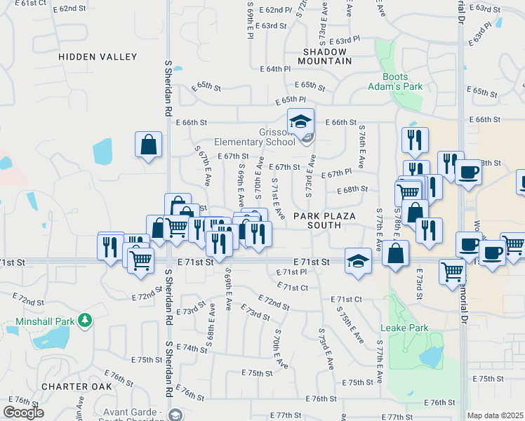 map of restaurants, bars, coffee shops, grocery stores, and more near 6768 South 71st East Avenue in Tulsa