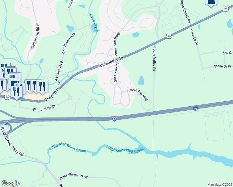 map of restaurants, bars, coffee shops, grocery stores, and more near 1117 Oak Blossom Way in Whitsett