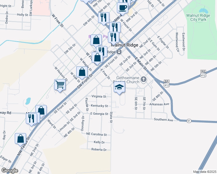 map of restaurants, bars, coffee shops, grocery stores, and more near 334 Alabama Street in Walnut Ridge
