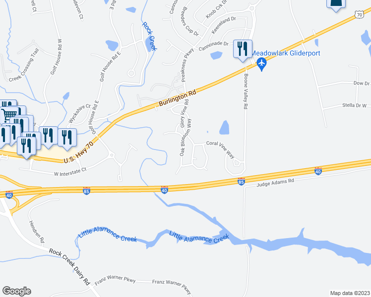map of restaurants, bars, coffee shops, grocery stores, and more near 1117 Oak Blossom Way in Whitsett