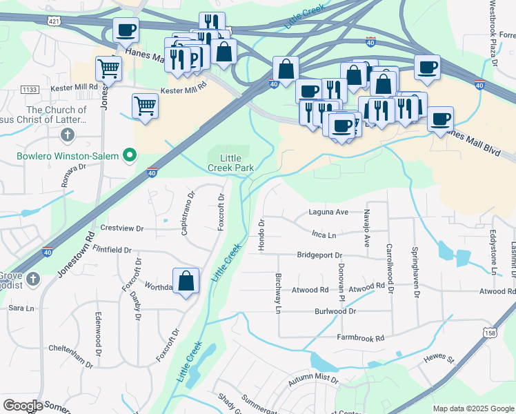 map of restaurants, bars, coffee shops, grocery stores, and more near 2888 Hondo Drive in Winston-Salem
