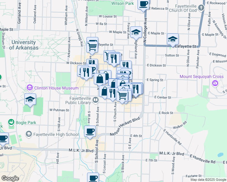 map of restaurants, bars, coffee shops, grocery stores, and more near 15 North Church Avenue in Fayetteville