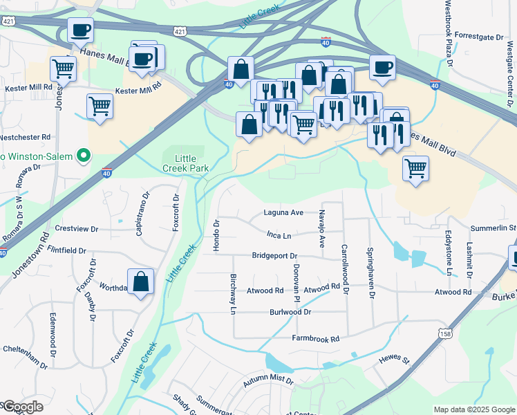 map of restaurants, bars, coffee shops, grocery stores, and more near 2845 Laguna Avenue in Winston-Salem