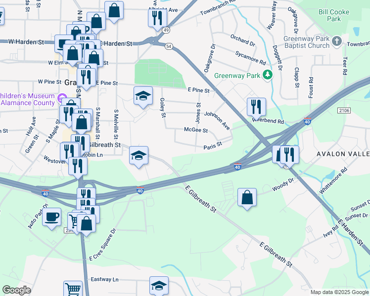 map of restaurants, bars, coffee shops, grocery stores, and more near 519 Paris Street in Graham