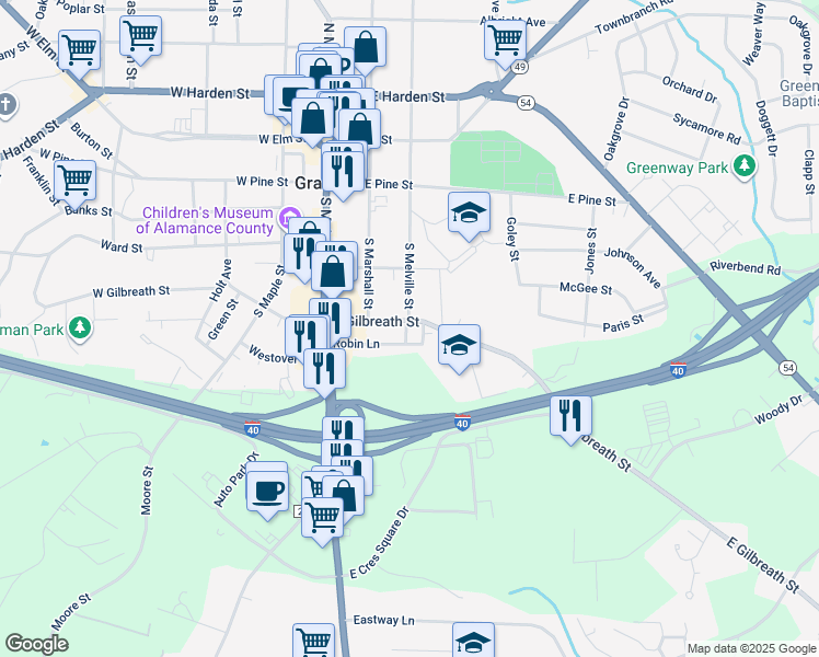 map of restaurants, bars, coffee shops, grocery stores, and more near 315 East Gilbreath Street in Graham