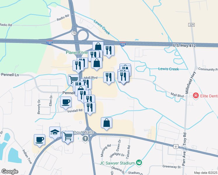 map of restaurants, bars, coffee shops, grocery stores, and more near 2650 Lake Road in Dyersburg