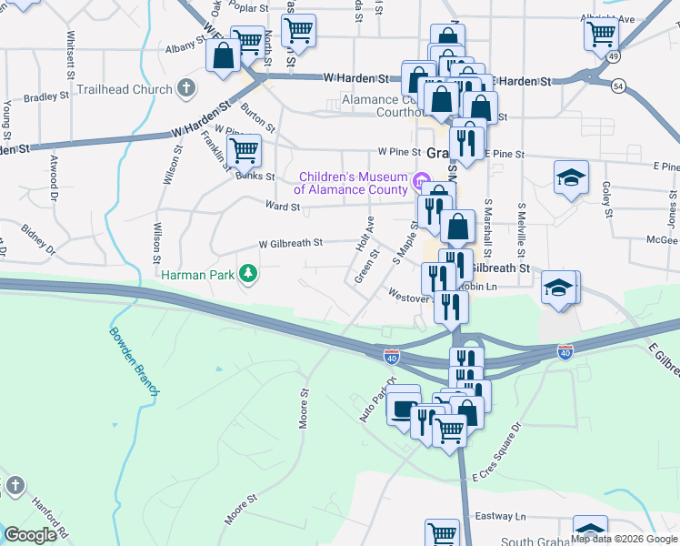 map of restaurants, bars, coffee shops, grocery stores, and more near 427 Green Street in Graham