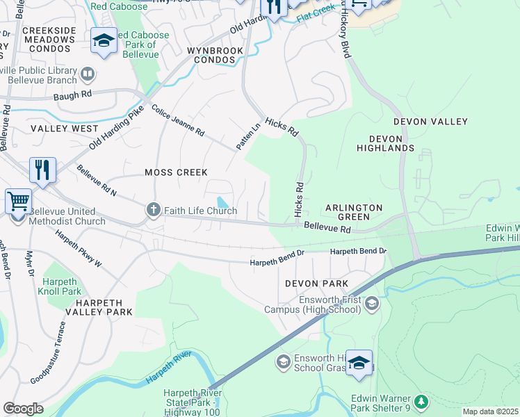 map of restaurants, bars, coffee shops, grocery stores, and more near 110 Bellevue Road in Nashville