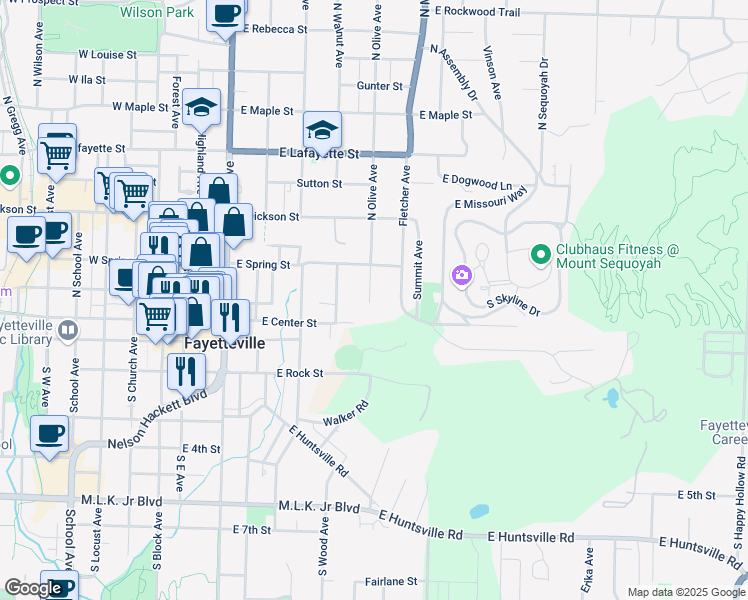 map of restaurants, bars, coffee shops, grocery stores, and more near 18 North Olive Avenue in Fayetteville