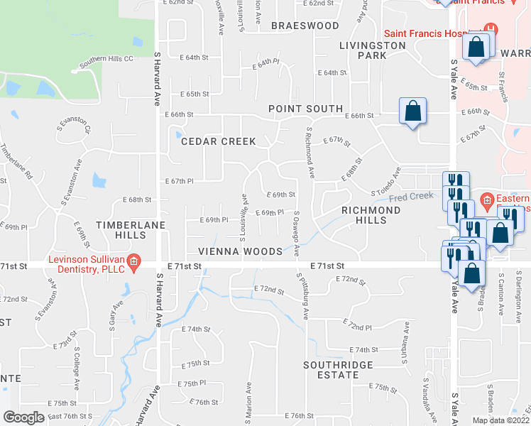 map of restaurants, bars, coffee shops, grocery stores, and more near 3809 East 69th Place in Tulsa