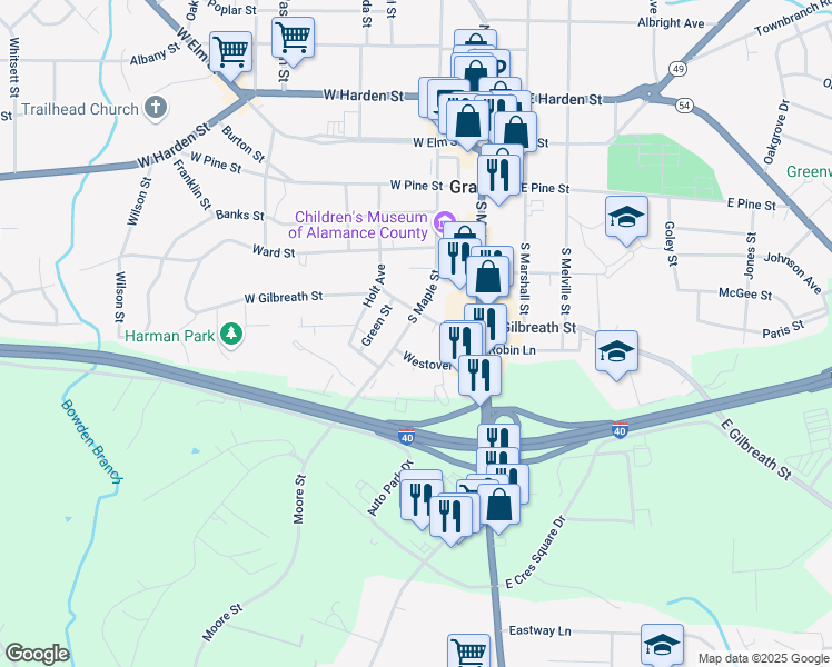 map of restaurants, bars, coffee shops, grocery stores, and more near 406 South Maple Street in Graham
