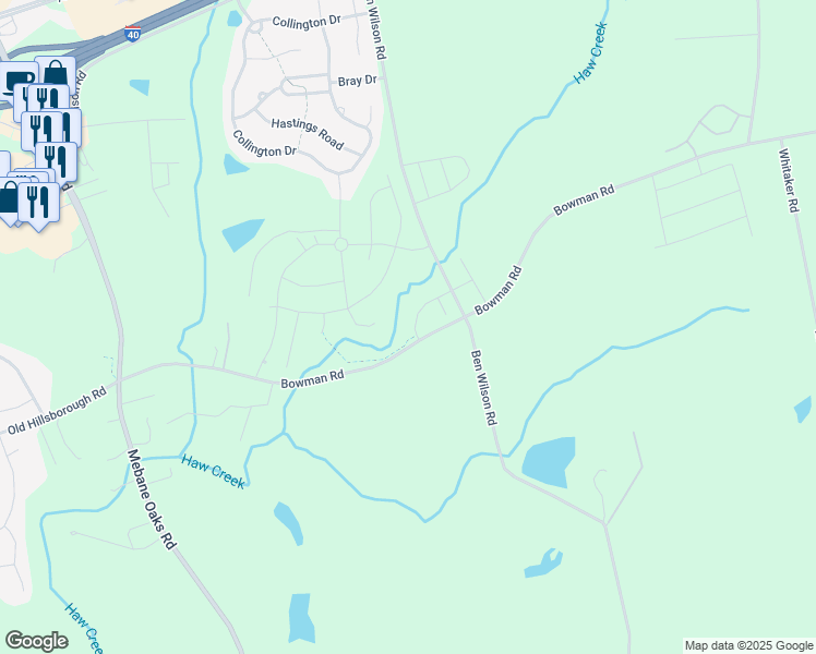 map of restaurants, bars, coffee shops, grocery stores, and more near 111 McDowell Lane in Mebane