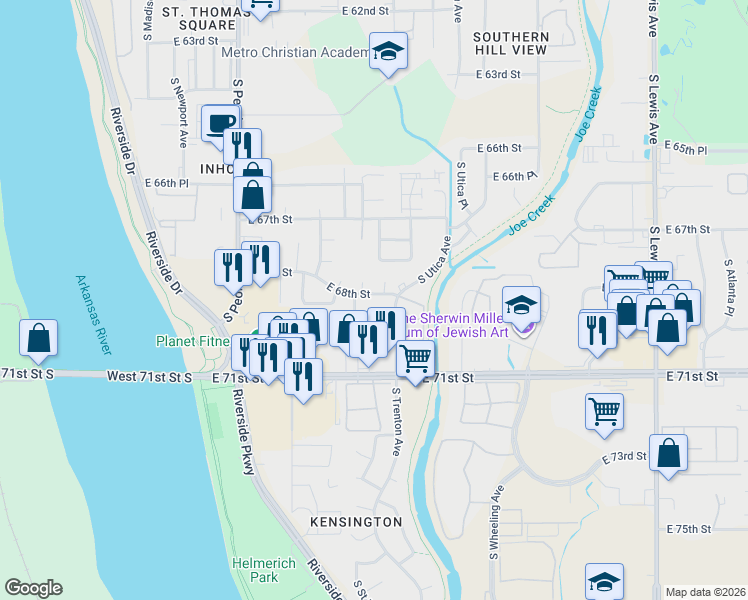 map of restaurants, bars, coffee shops, grocery stores, and more near 1562 East 68th Street in Tulsa