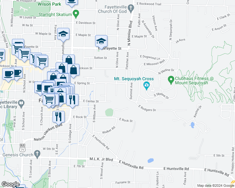 map of restaurants, bars, coffee shops, grocery stores, and more near 22 North Olive Avenue in Fayetteville