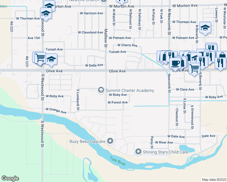 map of restaurants, bars, coffee shops, grocery stores, and more near 1956 West Roby Avenue in Porterville