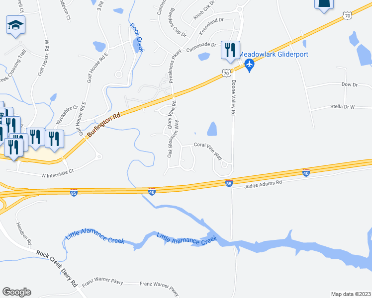 map of restaurants, bars, coffee shops, grocery stores, and more near 6402 Coral Vine Way in Whitsett