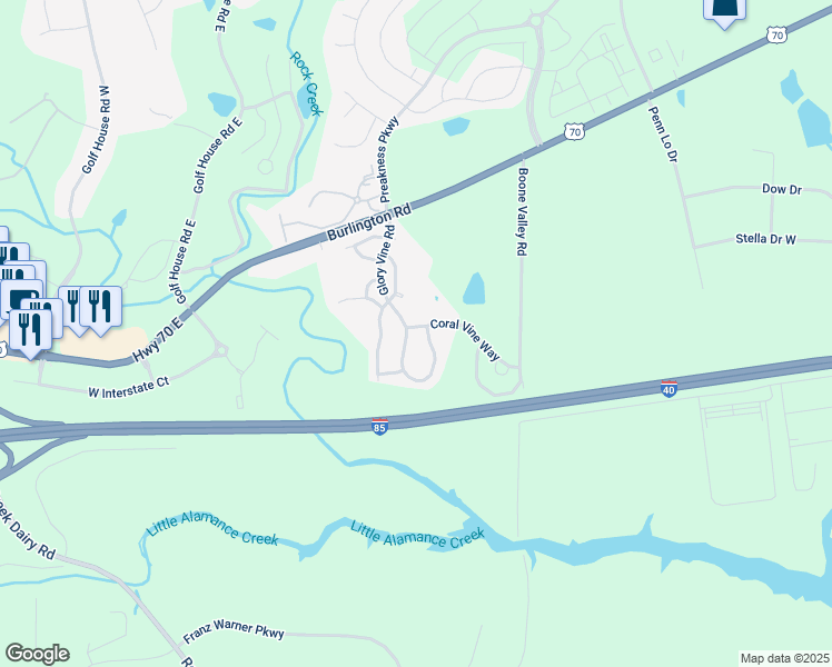 map of restaurants, bars, coffee shops, grocery stores, and more near 6402 Coral Vine Way in Whitsett