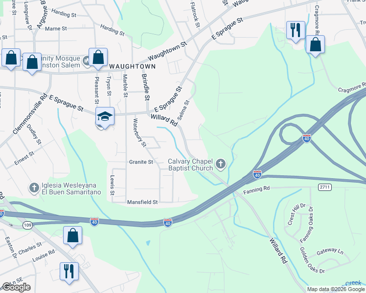 map of restaurants, bars, coffee shops, grocery stores, and more near 2420 Willard Road in Winston-Salem