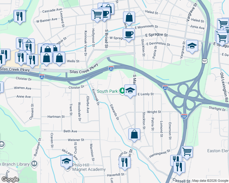 map of restaurants, bars, coffee shops, grocery stores, and more near 208 Lemly Street Southwest in Winston-Salem