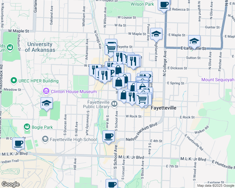 map of restaurants, bars, coffee shops, grocery stores, and more near 20 North School Avenue in Fayetteville