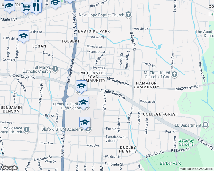 map of restaurants, bars, coffee shops, grocery stores, and more near in Greensboro