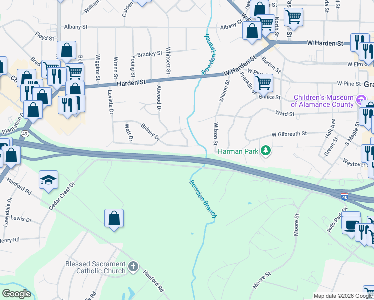 map of restaurants, bars, coffee shops, grocery stores, and more near 215 Bidney Drive in Burlington