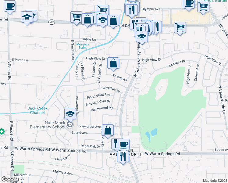 map of restaurants, bars, coffee shops, grocery stores, and more near 3112 Floral Vista Avenue in Henderson