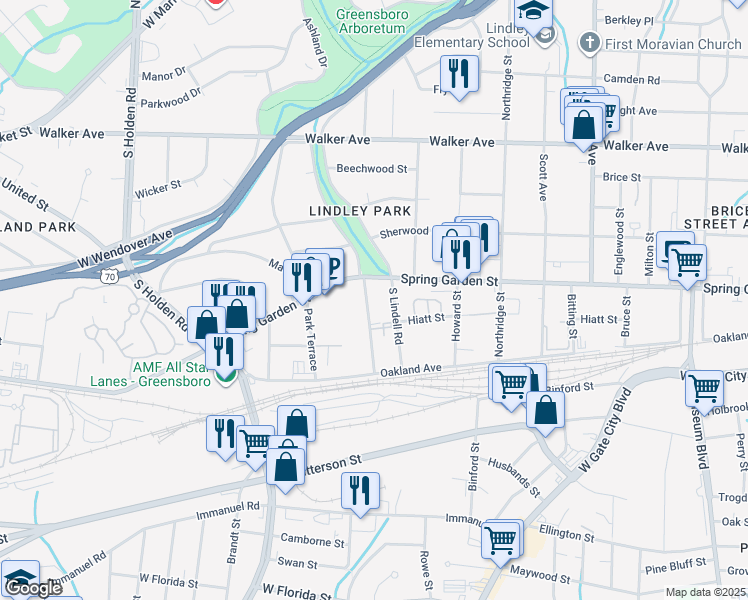 map of restaurants, bars, coffee shops, grocery stores, and more near 2727 Spring Garden Street in Greensboro