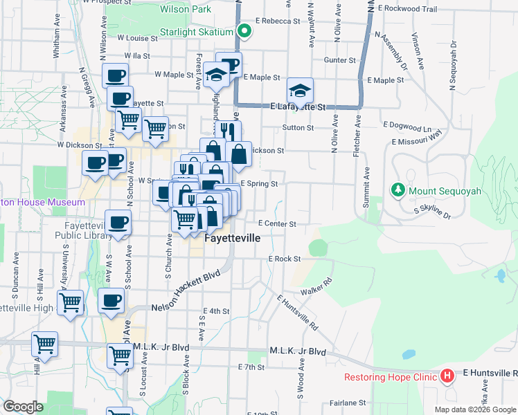 map of restaurants, bars, coffee shops, grocery stores, and more near 151 East Meadow Street in Fayetteville