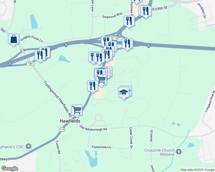 map of restaurants, bars, coffee shops, grocery stores, and more near 3000 Bluebird Lane in Mebane