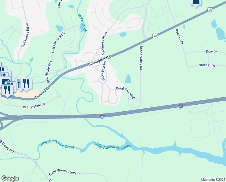map of restaurants, bars, coffee shops, grocery stores, and more near 6406 Coral Vine Way in Whitsett