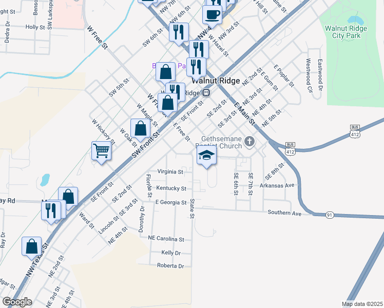 map of restaurants, bars, coffee shops, grocery stores, and more near 334 Alabama Street in Walnut Ridge