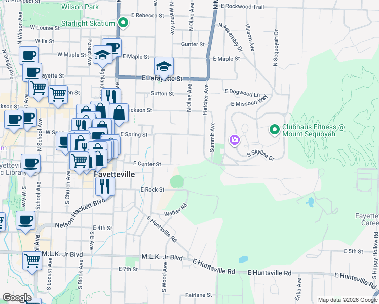 map of restaurants, bars, coffee shops, grocery stores, and more near 79 North Olive Avenue in Fayetteville