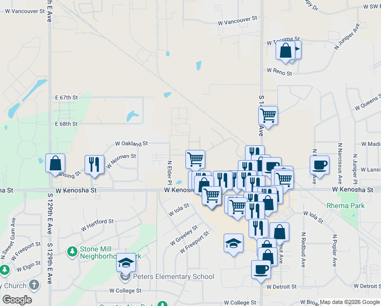map of restaurants, bars, coffee shops, grocery stores, and more near 1001-1111 North Elder Place in Broken Arrow