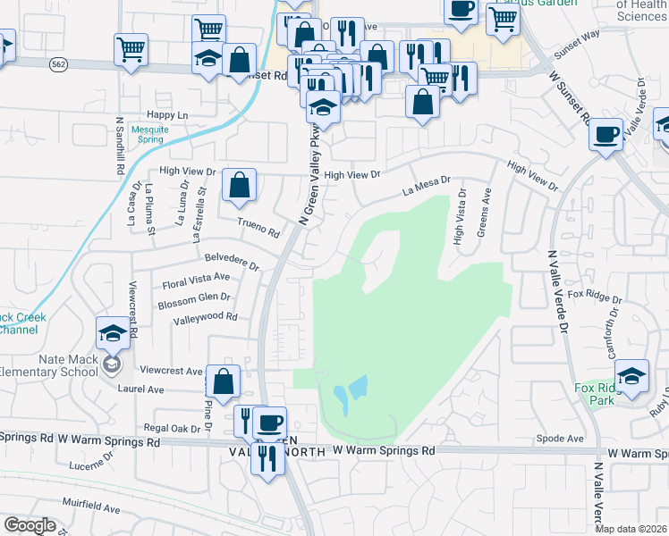 map of restaurants, bars, coffee shops, grocery stores, and more near 3015 La Mesa Drive in Henderson