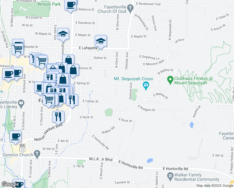 map of restaurants, bars, coffee shops, grocery stores, and more near 26 North Olive Avenue in Fayetteville