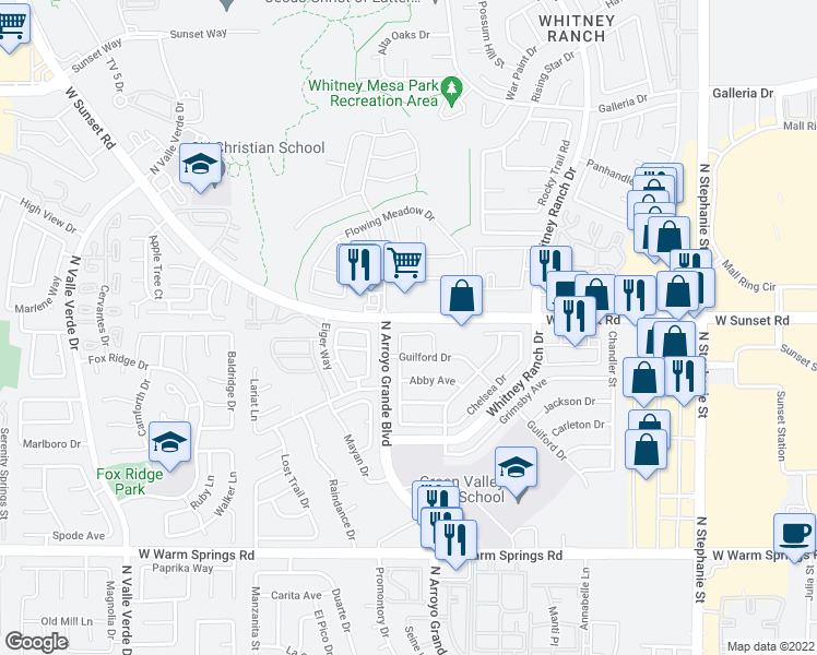 map of restaurants, bars, coffee shops, grocery stores, and more near 543 Sheffield Drive in Henderson