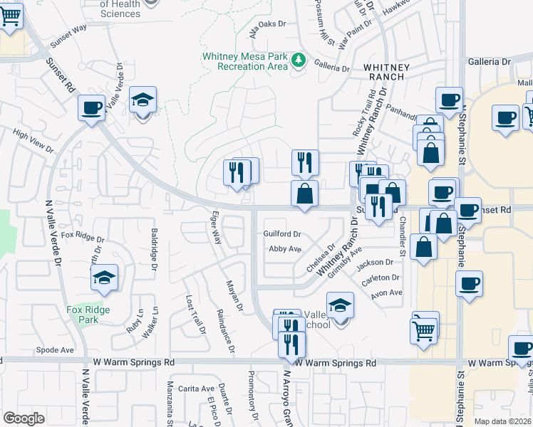 map of restaurants, bars, coffee shops, grocery stores, and more near 544 Sheffield Drive in Henderson