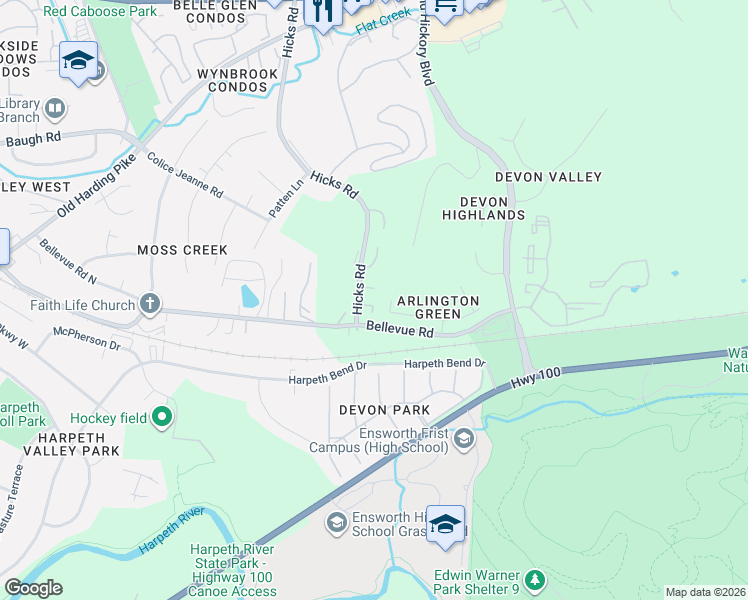 map of restaurants, bars, coffee shops, grocery stores, and more near 102 Hicks Road in Nashville
