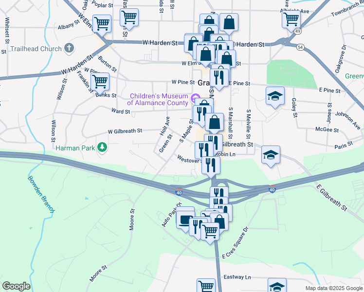 map of restaurants, bars, coffee shops, grocery stores, and more near 406 South Maple Street in Graham