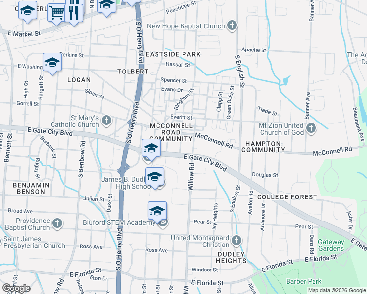map of restaurants, bars, coffee shops, grocery stores, and more near in Greensboro