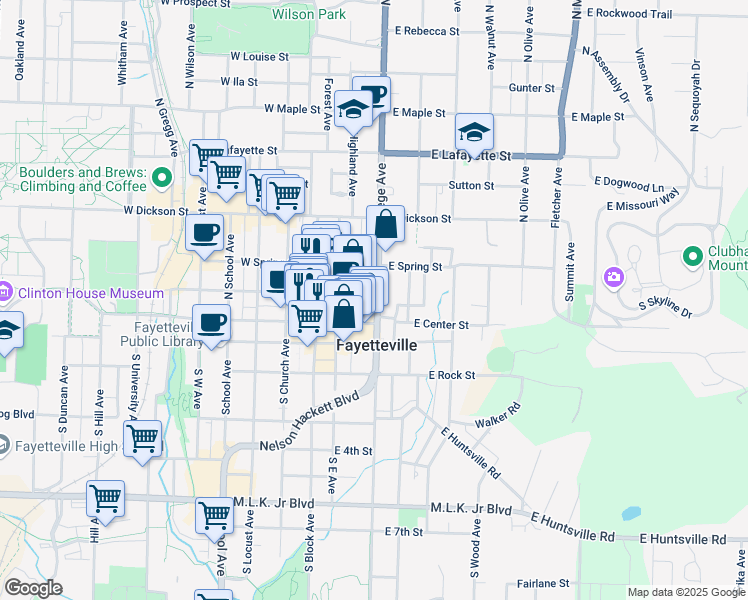 map of restaurants, bars, coffee shops, grocery stores, and more near 11 North College Avenue in Fayetteville