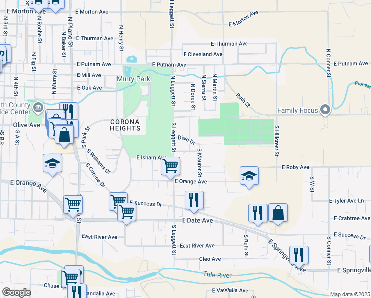 map of restaurants, bars, coffee shops, grocery stores, and more near 871 East Isham Avenue in Porterville