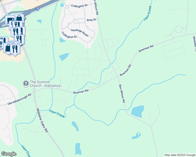 map of restaurants, bars, coffee shops, grocery stores, and more near 667 Southwick Place in Mebane