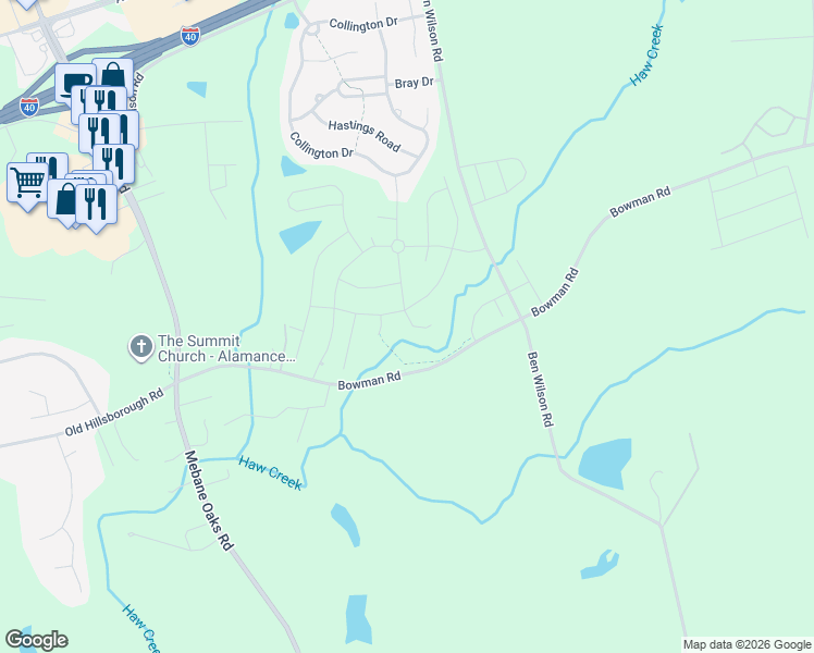 map of restaurants, bars, coffee shops, grocery stores, and more near 633 Southwick Place in Mebane