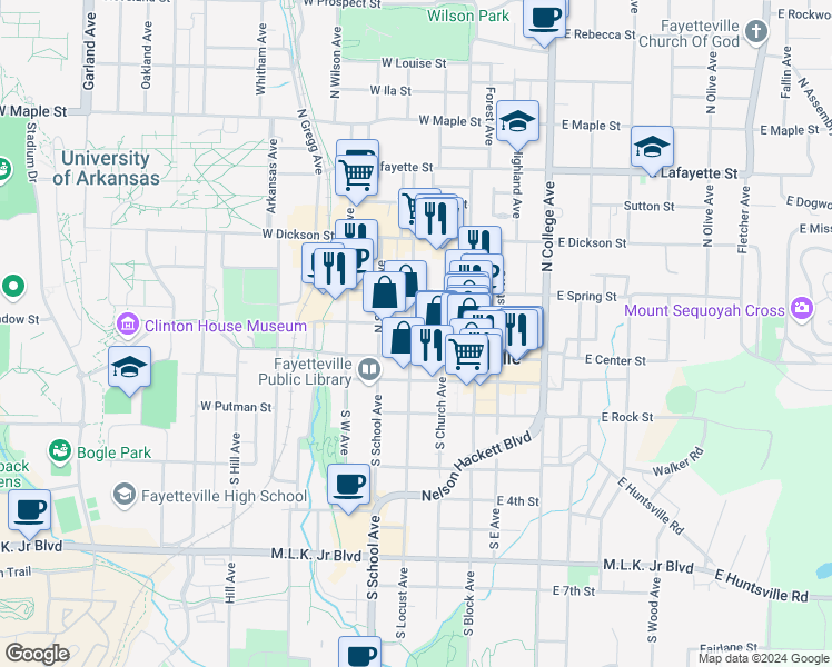 map of restaurants, bars, coffee shops, grocery stores, and more near 20 North Locust Avenue in Fayetteville