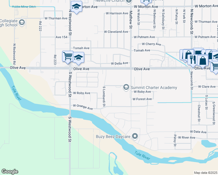 map of restaurants, bars, coffee shops, grocery stores, and more near 210 South Lombardi Street in Porterville