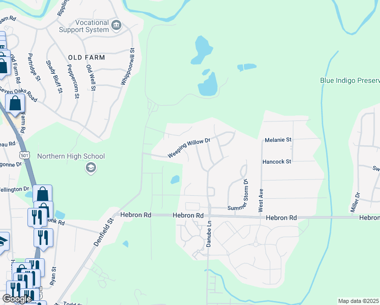 map of restaurants, bars, coffee shops, grocery stores, and more near 5 Crimson Clover Court in Durham